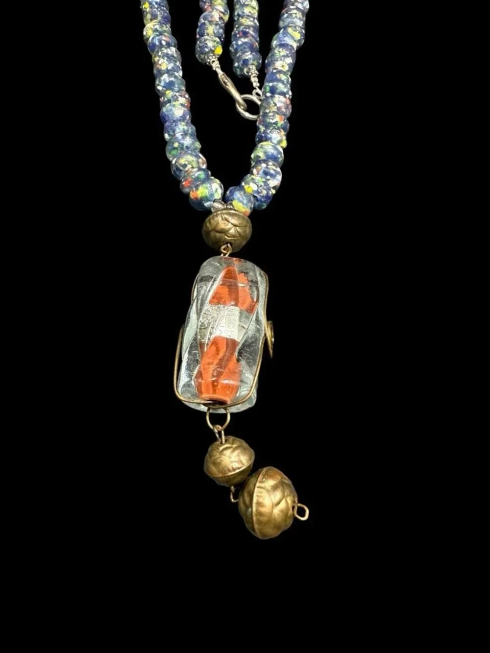 Vintage Venetian Murano Blue Art Glass Floral Wedding Cake Beads Necklace 32”